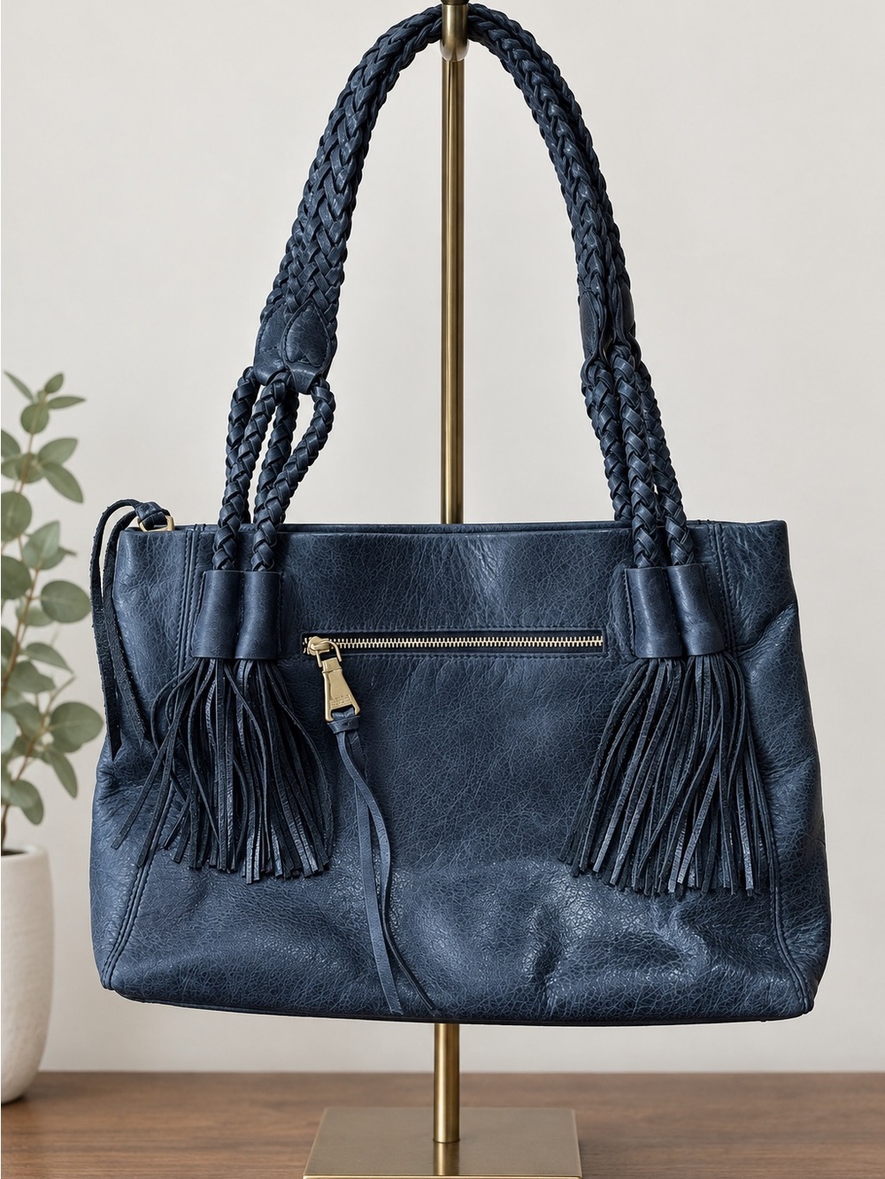 Aimee Kestenberg Black Leather Shoulder Bag Tassel Braided Strap Large
